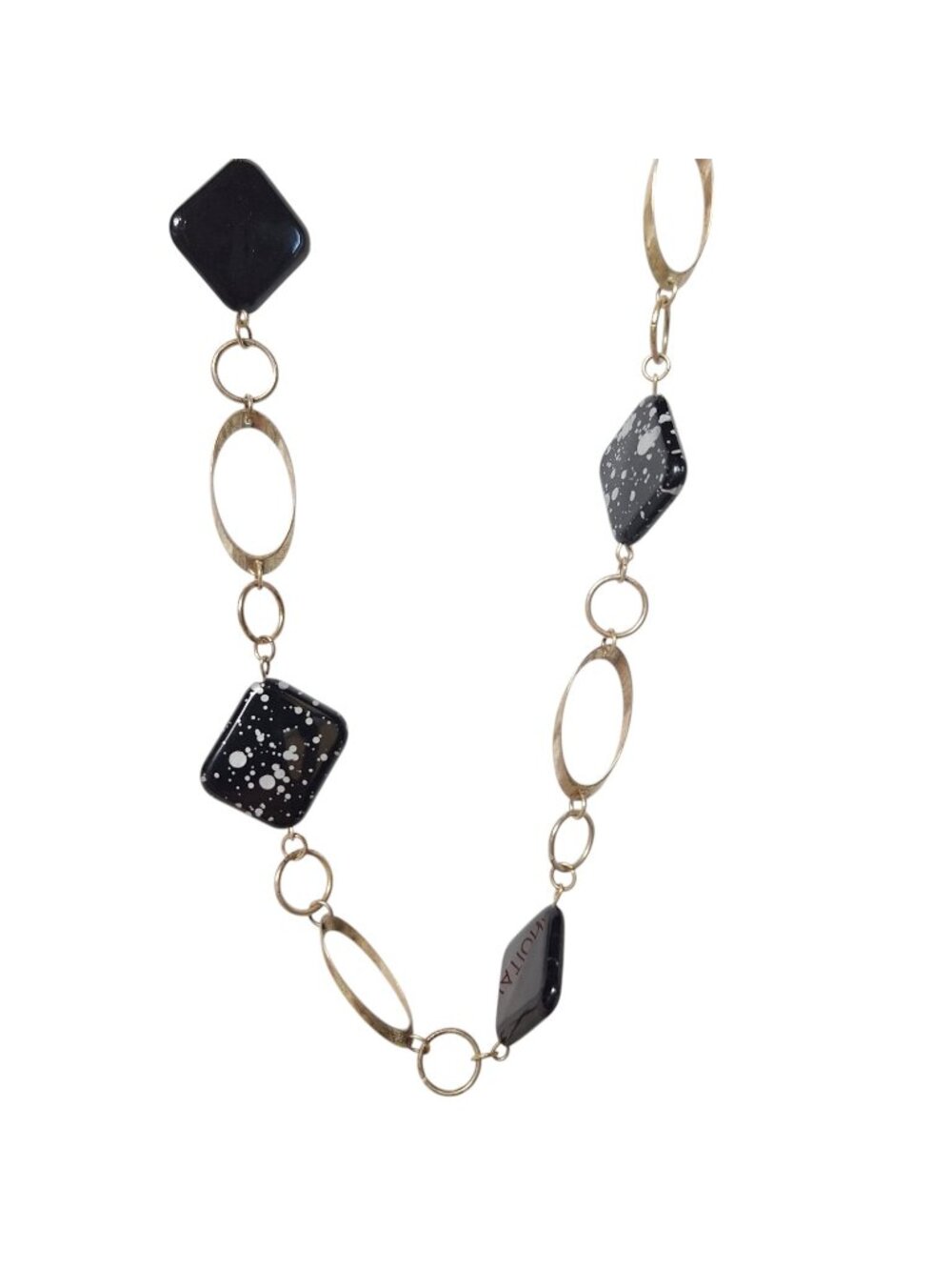 Vintage Gold Tone Oval Ring Link Black Diamond Resin Bead Station Necklace